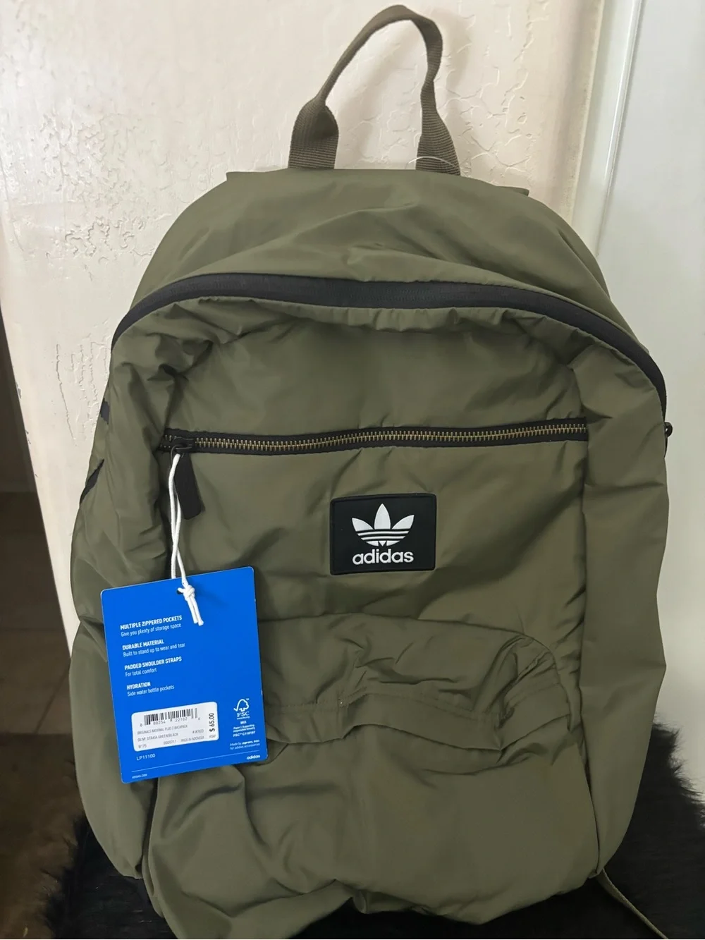 NWT adidas Originals Nationals Plus Olive Green Backpack with Trefoil logo.